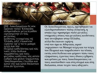 πρωτότυπο μετάφραση
[20] Λακεδαιμόνιοι δὲ οὐκ
ἔφασαν πόλιν Ἑλληνίδα
ἀνδραποδιεῖν μέγα ἀγαθόν
εἰργασμένην ἐν τοῖς
μεγίστοις
κινδύνοις γενομένοις τῇ
Ἑλλάδι, ἀλλ’ ἐποιοῦντο
εἰρήνην ἐφ’ ᾧ τά τε μακρά
τείχη καὶ τόν
Πειραιᾶ καθελόντας καὶ τάς
ναῦς πλὴν δώδεκα
παραδόντας καὶ τοὺς
φυγάδας καθέντας τόν αὐτόν
ἐχθρόν καὶ φίλον νομίζοντας
Λακεδαιμονίοις ἕπεσθαι καὶ
κατά γῆν καὶ κατά θάλατταν
ὅποι ἂν ἡγῶνται.
Οι Λακεδαιμόνιοι, όμως, αρνήθηκαν να
εξανδραποδίσουν πόλη ελληνική, η
οποία είχε προσφέρει πολύ μεγάλες
υπηρεσίες στους πιο μεγάλους κινδύνους
που συνέβησαν στην Ελλάδα,
αλλά θα έκαναν ειρήνη
υπό τον όρο οι Αθηναίοι, αφού
γκρεμίσουν τα Μακρά τείχη και τα τείχη
του Πειραιά και παραδώσουν τα πλοία,
εκτός από δώδεκα και φέρουν πίσω τους
εξόριστους, έχοντας τους ίδιους εχθρούς
και φίλους με τους Λακεδαιμονίους να
τους ακολουθούν και στη στεριά και στη
θάλασσα, όπου τυχόν τους οδηγούν.
 