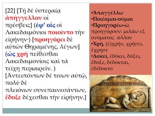 [22] [Τῇ δὲ ὑστεραίᾳ
ἀπήγγελλον οἱ
πρέσβεις] (ἐφ’ οἷς οἱ
Λακεδαιμόνιοι ποιοῖντο τὴν
εἰρήνην·) [προηγόρει δὲ
αὐτῶν Θηραμένης, λέγων]
(ὡς χρὴ πείθεσθαι
Λακεδαιμονίοις καὶ τά
τείχη περιαιρεῖν. )
[Ἀντειπόντων δέ τινων αὐτῷ,
πολὺ δὲ
πλειόνων συνεπαινεσάντων,
ἔδοξε δέχεσθαι τὴν εἰρήνην.]
•Ἀπαγγέλλω
•Ποιέομαι-οῦμαι
•Προηγορέω-ῶ,
προηγόρουν: μιλάω εξ
ονόματος άλλου
•Χρή, (ἐ)χρῆν, χρήσει,
ἔχρησε
•Δοκεῖ, ἐδόκει, δόξει,
ἔδοξε, δέδοκται,
ἐδέδοκτο
 