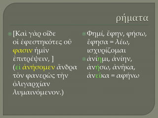 [Καὶ γὰρ οἵδε
οἱ ἐφεστηκότες οὔ
φασιν ἡμῖν
ἐπιτρέψειν, ]
(εἰ ἀνήσομεν ἄνδρα
τὸν φανερῶς τὴν
ὀλιγαρχίαν
λυμαινόμενον.)
Φημί, ἔφην, φήσω,
ἔφησα = λέω,
ισχυρίζομαι
ἀνίημι, ἀνίην,
ἀνήσω, ἀνῆκα,
ἀνεῖκα = αφήνω
 