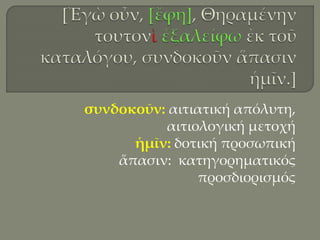 συνδοκοῦν: αιτιατική απόλυτη,
αιτιολογική μετοχή
ἡμῖν: δοτική προσωπική
ἅπασιν: κατηγορηματικός
προσδιορισμός
 