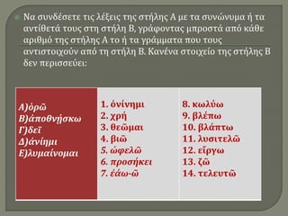  Να συνδέσετε τις λέξεις της στήλης Α με τα συνώνυμα ή τα
αντίθετά τους στη στήλη Β, γράφοντας μπροστά από κάθε
αριθμό της στήλης Α το ή τα γράμματα που τους
αντιστοιχούν από τη στήλη Β. Κανένα στοιχείο της στήλης Β
δεν περισσεύει:
Α)ὁρῶ
Β)ἀποθνῄσκω
Γ)δεῖ
Δ)ἀνίημι
Ε)λυμαίνομαι
1. ὀνίνημι
2. χρή
3. θεῶμαι
4. βιῶ
5. ὠφελῶ
6. προσήκει
7. ἐάω-ῶ
8. κωλύω
9. βλέπω
10. βλάπτω
11. λυσιτελῶ
12. εἴργω
13. ζῶ
14. τελευτῶ
 