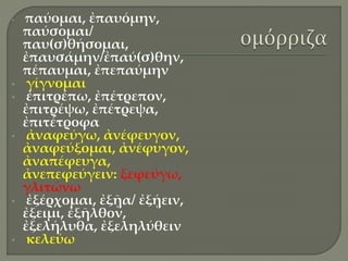 • παύομαι, ἐπαυόμην,
παύσομαι/
παυ(σ)θήσομαι,
ἐπαυσάμην/ἐπαύ(σ)θην,
πέπαυμαι, ἐπεπαύμην
• γίγνομαι
• ἐπιτρέπω, ἐπέτρεπον,
ἐπιτρέψω, ἐπέτρεψα,
ἐπιτέτροφα
• ἀναφεύγω, ἀνέφευγον,
ἀναφεύξομαι, ἀνέφυγον,
ἀναπέφευγα,
ἀνεπεφεύγειν: ξεφεύγω,
γλιτώνω
• ἐξέρχομαι, ἐξῇα/ ἐξῄειν,
ἐξειμι, ἐξῆλθον,
ἐξελήλυθα, ἐξεληλύθειν
• κελεύω
 