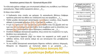 Κατανόηση γραπτού λόγου Β1 - Εξεταστικά Θέματα 2018
Τα τελευταία χρόνια υπάρχει μια εντυπωσιακή αλλαγή στις συνήθειες των Ελλήνων
καταναλωτών. Πάρα πολλοί αγοραστές κάνουν __0__.
Οι λόγοι είναι πολλοί:
• Η διαδικασία είναι εύκολη και γρήγορη. Οι καταναλωτές βλέπουν διάφορα
προϊόντα μέσα από την οθόνη του υπολογιστή τους και αγοράζουν __1__.
• Πολλά μεγάλα ηλεκτρονικά καταστήματα προσφέρουν ευκολίες, όπως δωρεάν
αλλαγές ή επιστροφή χρημάτων. Έτσι, οι αγοραστές νιώθουν __2__.
• Η τιμή των προϊόντων στα ηλεκτρονικά καταστήματα είναι πιο χαμηλή από την
τιμή τους στα συνηθισμένα καταστήματα. Αυτό συμβαίνει γιατί οι ιδιοκτήτες των
ηλεκτρονικών καταστημάτων έχουν λιγότερους υπαλλήλους και __3__.
• Επιπλέον, διάφορα ηλεκτρονικά εργαλεία, όπως εκείνα που συγκρίνουν τις τιμές,
βοηθούν τους καταναλωτές __4__.
• Τα εμπορεύματα έρχονται μέχρι την πόρτα του αγοραστή με πολύ μικρό ή
καθόλου κόστος. Αυτό γίνεται ακόμα και για αντικείμενα που μεταφέρονται
δύσκολα, __5__.
• Τα πιο πολλά ηλεκτρονικά καταστήματα δέχονται πολλούς τρόπους πληρωμής.
Μπορείτε να πληρώσετε με πιστωτική κάρτα ή με μετρητά, __6__.
Γιώργος Π. Μαρκατάτος,
Δάσκαλος ΤΕΓ Λέονμπεργκ
 