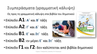 Συμπεράσματα (γραμματική κάλυψη)
• Επίπεδο Α1: Α΄ και Β΄ τάξη
• Επίπεδο Α2: Γ΄ και Δ΄ τάξη
• Επίπεδο Β1: Ε΄ και Στ΄ τάξη
• Επίπεδο Β2: εν μέρει Ε΄ και Στ΄ τάξη
• Επίπεδο Γ1 και Γ2: δεν καλύπτεται από βιβλία δημοτικού
Ως προς τη γραμματική κάλυψη στα βιβλία του δημοτικού
Γιώργος Π. Μαρκατάτος, Δάσκαλος ΤΕΓ Λέονμπεργκ
 