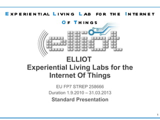 ELLIOT  Experiential Living Labs for the Internet Of Things EU FP7 STREP 258666 Duration 1.9.2010 – 31.03.2013 Standard Presentation 