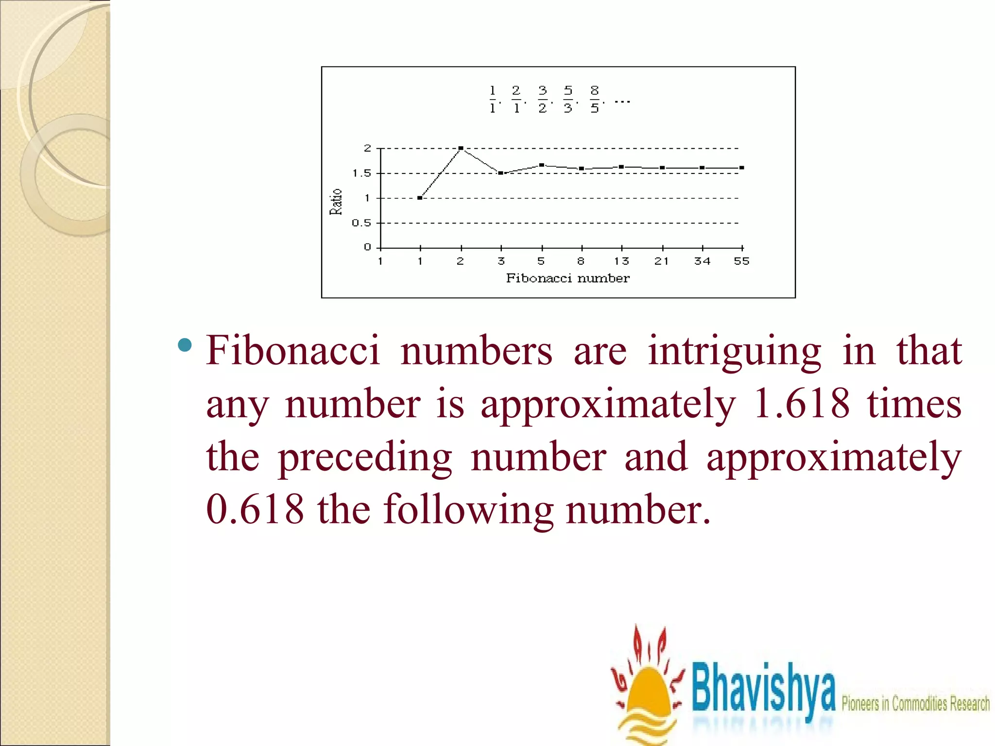 Fibonacci numbers are intriguing in that any number is approximately 1.618 times the preceding number and approximately 0.618 the following number.  