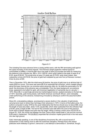 102
Figure 6-11
The rocketing five-wave advance forms a nearly perfect wave, with the fifth terminating well against
the upper boundary of the trend channel. The Fibonacci target projection method typical of
commodities is fulfilled, in that the $90 rise to the peak of wave [3] provides the basis for measuring
the distance to the orthodox top. $90 x .618 = $55.62, which when added to the peak of wave III at
$125, gives $180.62. The actual price at wave V's peak was $179.50, quite close indeed. Also
noteworthy is that at $179.50, the price of gold had multiplied by just over five (a Fibonacci number)
times its price at $35.
Then in December 1974, after the initial wave [A] decline, the price of gold rose to an all-time high of
nearly $200 an ounce. This wave was wave [B] of an expanded flat correction, which crawled upward
along the lower channel line, as corrective wave advances often do. As befits the personality of a "B"
wave, the phoniness of the advance was unmistakable. First, the news background, as everyone
knew, appeared to be bullish for gold, with American legalization of ownership due on January 1,
1975. Wave [B], in a seemingly perverse but market-logical manner, peaked precisely on the last day
of 1974. Secondly, gold mining stocks, both North American and South African, were noticeably
under-performing on the advance, forewarning of trouble by refusing to confirm the assumed bullish
picture.
Wave [C], a devastating collapse, accompanied a severe decline in the valuation of gold stocks,
carrying some back to where they had begun their advances in 1970. In terms of the bullion price, the
authors computed in early 1976 by the usual relationship that the low should occur at about $98, since
the length of wave [A] at $51, times 1.618, equals $82, which when subtracted from the orthodox high
at $180, gives a target at $98. The low for the correction was well within the zone of the previous
fourth wave of lesser degree and quite near the target, hitting a closing London price of $103.50 on
August 25, 1976, the month just between the Dow Theory stock market peak in July and the nominal
DJIA peak in September. The [A]-[B]-[C] expanded flat correction implies great thrust in the next wave
into new high ground.
Gold, historically speaking, is one of the disciplines of economic life, with a sound record of
achievement. It has nothing more to offer the world than discipline. Perhaps that is the reason
politicians work tirelessly to ignore it, denounce it, and attempt to demonetize it. Somehow, though,
 