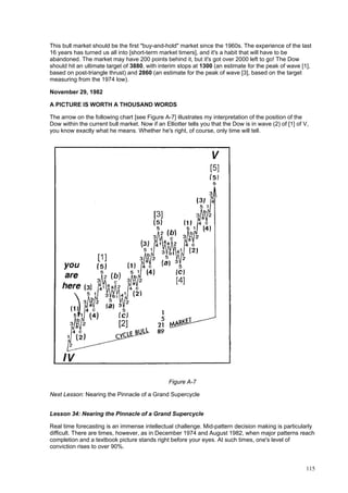 115
This bull market should be the first "buy-and-hold" market since the 1960s. The experience of the last
16 years has turned us all into [short-term market timers], and it's a habit that will have to be
abandoned. The market may have 200 points behind it, but it's got over 2000 left to go! The Dow
should hit an ultimate target of 3880, with interim stops at 1300 (an estimate for the peak of wave [1],
based on post-triangle thrust) and 2860 (an estimate for the peak of wave [3], based on the target
measuring from the 1974 low).
November 29, 1982
A PICTURE IS WORTH A THOUSAND WORDS
The arrow on the following chart [see Figure A-7] illustrates my interpretation of the position of the
Dow within the current bull market. Now if an Elliotter tells you that the Dow is in wave (2) of [1] of V,
you know exactly what he means. Whether he's right, of course, only time will tell.
Figure A-7
Next Lesson: Nearing the Pinnacle of a Grand Supercycle
Lesson 34: Nearing the Pinnacle of a Grand Supercycle
Real time forecasting is an immense intellectual challenge. Mid-pattern decision making is particularly
difficult. There are times, however, as in December 1974 and August 1982, when major patterns reach
completion and a textbook picture stands right before your eyes. At such times, one's level of
conviction rises to over 90%.
 