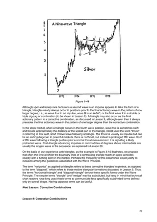 29
Figure 1-44
Although upon extremely rare occasions a second wave in an impulse appears to take the form of a
triangle, triangles nearly always occur in positions prior to the final actionary wave in the pattern of one
larger degree, i.e., as wave four in an impulse, wave B in an A-B-C, or the final wave X in a double or
triple zig-zag or combination (to be shown in Lesson 9). A triangle may also occur as the final
actionary pattern in a corrective combination, as discussed in Lesson 9, although even then it always
precedes the final actionary wave in the pattern of one larger degree than the corrective combination.
In the stock market, when a triangle occurs in the fourth wave position, wave five is sometimes swift
and travels approximately the distance of the widest part of the triangle. Elliott used the word "thrust"
in referring to this swift, short motive wave following a triangle. The thrust is usually an impulse but can
be an ending diagonal. In powerful markets, there is no thrust, but instead a prolonged fifth wave. So if
a fifth wave following a triangle pushes past a normal thrust measurement, it is signaling a likely
protracted wave. Post-triangle advancing impulses in commodities at degrees above Intermediate are
usually the longest wave in the sequence, as explained in Lesson 29.
On the basis of our experience with triangles, as the example in Figure 3-15 illustrates, we propose
that often the time at which the boundary lines of a contracting triangle reach an apex coincides
exactly with a turning point in the market. Perhaps the frequency of this occurrence would justify its
inclusion among the guidelines associated with the Wave Principle.
The term "horizontal" as applied to triangles refers to these corrective triangles in general, as opposed
to the term "diagonal," which refers to those motive triangular formations discussed in Lesson 5. Thus,
the terms "horizontal triangle" and "diagonal triangle" denote these specific forms under the Wave
Principle. The simpler terms "triangle" and "wedge" may be substituted, but keep in mind that technical
chart readers have long used these terms to communicate less specifically subdivided forms defined
only by overall shape. Having separate terms can be useful.
Next Lesson: Corrective Combinations
Lesson 9: Corrective Combinations
 