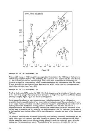 36
Figure 5-3
Example #3: The 1962 Bear Market Low
The wave [4] plunge in 1962 brought the averages down to just above the 1956 high of the five-wave
Primary sequence from 1949 to 1959. Ordinarily, the bear would have reached into the zone of wave
(4), the fourth wave correction within wave [3]. This narrow miss nevertheless illustrates why this
guideline is not a rule. The preceding strong third wave extension and the shallow A wave and strong
B wave within [4] indicated strength in the wave structure, which carried over into the moderate net
depth of the correction (see Figure 5-3).
Example #4: The 1974 Bear Market Low
The final decline into 1974, ending the 1966-1974 Cycle degree wave IV correction of the entire wave
III rise from 1942, brought the averages down to the area of the previous fourth wave of lesser degree
(Primary wave[ 4]). Again, Figure 5-3 shows what happened.
Our analysis of small degree wave sequences over the last twenty years further validates the
proposition that the usual limitation of any bear market is the travel area of the preceding fourth wave
of one lesser degree, particularly when the bear market in question is itself a fourth wave. However, in
a clearly reasonable modification of the guideline, it is often the case that if the first wave in a
sequence extends, the correction following the fifth wave will have as a typical limit the bottom of the
second wave of lesser degree. For example, the decline into March 1978 in the DJIA bottomed exactly
at the low of the second wave in March 1975, which followed an extended first wave off the December
1974 low.
On occasion, flat corrections or triangles, particularly those following extensions (see Example #3), will
barely fail to reach into the fourth wave area. Zigzags, on occasion, will cut deeply and move down
into the area of the second wave of lesser degree, although this almost exclusively occurs when the
zigzags are themselves second waves. "Double bottoms" are sometimes formed in this manner.
 