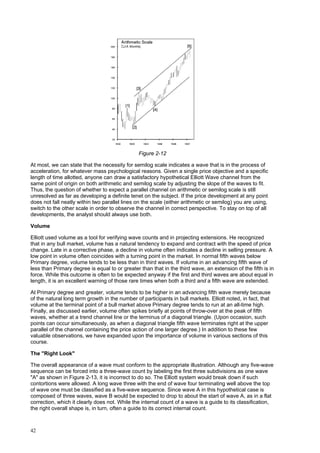 42
Figure 2-12
At most, we can state that the necessity for semilog scale indicates a wave that is in the process of
acceleration, for whatever mass psychological reasons. Given a single price objective and a specific
length of time allotted, anyone can draw a satisfactory hypothetical Elliott Wave channel from the
same point of origin on both arithmetic and semilog scale by adjusting the slope of the waves to fit.
Thus, the question of whether to expect a parallel channel on arithmetic or semilog scale is still
unresolved as far as developing a definite tenet on the subject. If the price development at any point
does not fall neatly within two parallel lines on the scale (either arithmetic or semilog) you are using,
switch to the other scale in order to observe the channel in correct perspective. To stay on top of all
developments, the analyst should always use both.
Volume
Elliott used volume as a tool for verifying wave counts and in projecting extensions. He recognized
that in any bull market, volume has a natural tendency to expand and contract with the speed of price
change. Late in a corrective phase, a decline in volume often indicates a decline in selling pressure. A
low point in volume often coincides with a turning point in the market. In normal fifth waves below
Primary degree, volume tends to be less than in third waves. If volume in an advancing fifth wave of
less than Primary degree is equal to or greater than that in the third wave, an extension of the fifth is in
force. While this outcome is often to be expected anyway if the first and third waves are about equal in
length, it is an excellent warning of those rare times when both a third and a fifth wave are extended.
At Primary degree and greater, volume tends to be higher in an advancing fifth wave merely because
of the natural long term growth in the number of participants in bull markets. Elliott noted, in fact, that
volume at the terminal point of a bull market above Primary degree tends to run at an all-time high.
Finally, as discussed earlier, volume often spikes briefly at points of throw-over at the peak of fifth
waves, whether at a trend channel line or the terminus of a diagonal triangle. (Upon occasion, such
points can occur simultaneously, as when a diagonal triangle fifth wave terminates right at the upper
parallel of the channel containing the price action of one larger degree.) In addition to these few
valuable observations, we have expanded upon the importance of volume in various sections of this
course.
The "Right Look"
The overall appearance of a wave must conform to the appropriate illustration. Although any five-wave
sequence can be forced into a three-wave count by labeling the first three subdivisions as one wave
"A" as shown in Figure 2-13, it is incorrect to do so. The Elliott system would break down if such
contortions were allowed. A long wave three with the end of wave four terminating well above the top
of wave one must be classified as a five-wave sequence. Since wave A in this hypothetical case is
composed of three waves, wave B would be expected to drop to about the start of wave A, as in a flat
correction, which it clearly does not. While the internal count of a wave is a guide to its classification,
the right overall shape is, in turn, often a guide to its correct internal count.
 
