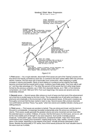 44
Figure 2-14
1) First waves — As a rough estimate, about half of first waves are part of the "basing" process and
thus tend to be heavily corrected by wave two. In contrast to the bear market rallies within the previous
decline, however, this first wave rise is technically more constructive, often displaying a subtle
increase in volume and breadth. Plenty of short selling is in evidence as the majority has finally
become convinced that the overall trend is down. Investors have finally gotten "one more rally to sell
on," and they take advantage of it. The other fifty percent of first waves rise from either large bases
formed by the previous correction, as in 1949, from downside failures, as in 1962, or from extreme
compression, as in both 1962 and 1974. From such beginnings, first waves are dynamic and only
moderately retraced.
2) Second waves — Second waves often retrace so much of wave one that most of the advancement
up to that time is eroded away by the time it ends. This is especially true of call option purchases, as
premiums sink drastically in the environment of fear during second waves. At this point, investors are
thoroughly convinced that the bear market is back to stay. Second waves often produce downside
non-confirmations and Dow Theory "buy spots," when low volume and volatility indicate a drying up of
selling pressure.
3) Third waves — Third waves are wonders to behold. They are strong and broad, and the trend at
this point is unmistakable. Increasingly favorable fundamentals enter the picture as confidence
returns. Third waves usually generate the greatest volume and price movement and are most often
the extended wave in a series. It follows, of course, that the third wave of a third wave, and so on, will
be the most volatile point of strength in any wave sequence. Such points invariably produce
breakouts, "continuation" gaps, volume expansions, exceptional breadth, major Dow Theory trend
confirmations and runaway price movement, creating large hourly, daily, weekly, monthly or yearly
gains in the market, depending on the degree of the wave. Virtually all stocks participate in third
waves. Besides the personality of "B" waves, that of third waves produces the most valuable clues to
the wave count as it unfolds.
 