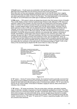 45
4) Fourth waves — Fourth waves are predictable in both depth (see Lesson 11) and form, because by
alternation they should differ from the previous second wave of the same degree.
More often than not they trend sideways, building the base for the final fifth wave move. Lagging
stocks build their tops and begin declining during this wave, since only the strength of a third wave
was able to generate any motion in them in the first place. This initial deterioration in the market sets
the stage for non-confirmations and subtle signs of weakness during the fifth wave.
5) Fifth waves — Fifth waves in stocks are always less dynamic than third waves in terms of breadth.
They usually display a slower maximum speed of price change as well, although if a fifth wave is an
extension, speed of price change in the third of the fifth can exceed that of the third wave. Similarly,
while it is common for volume to increase through successive impulse waves at Cycle degree or
larger, it usually happens below Primary degree only if the fifth wave extends. Otherwise, look for
lesser volume as a rule in a fifth wave as opposed to the third. Market dabblers sometimes call for
"blowoffs" at the end of long trends, but the stock market has no history of reaching maximum
acceleration at a peak. Even if a fifth wave extends, the fifth of the fifth will lack the dynamism of what
preceded it. During fifth advancing waves, optimism runs extremely high, despite a narrowing of
breadth. Nevertheless, market action does improve relative to prior corrective wave rallies. For
example, the year-end rally in 1976 was unexciting in the Dow, but it was nevertheless a motive wave
as opposed to the preceding corrective wave advances in April, July and September, which, by
contrast, had even less influence on the secondary indexes and the cumulative advance-decline line.
As a monument to the optimism that fifth waves can produce, the market forecasting services polled
two weeks after the conclusion of that rally turned in the lowest percentage of "bears," 4.5%, in the
history of the recorded figures despite that fifth wave's failure to make a new high!
Figure 2-15
6) "A" waves — During "A" waves of bear markets, the investment world is generally convinced that
this reaction is just a pullback pursuant to the next leg of advance. The public surges to the buy side
despite the first really technically damaging cracks in individual stock patterns. The "A" wave sets the
tone for the "B" wave to follow. A five-wave A indicates a zigzag for wave B, while a three-wave A
indicates a flat or triangle.
7) "B" waves — "B" waves are phonies. They are sucker plays, bull traps, speculators' paradise,
orgies of odd-lotter mentality or expressions of dumb institutional complacency (or both). They often
involve a focus on a narrow list of stocks, are often "unconfirmed" (Dow Theory is covered in Lesson
28) by other averages, are rarely technically strong, and are virtually always doomed to complete
retracement by wave C. If the analyst can easily say to himself, "There is something wrong with this
market," chances are it's a "B" wave. "X" waves and "D" waves in expanding triangles, both of which
are corrective wave advances,
 