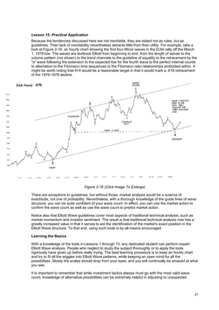 47
Lesson 15: Practical Application
Because the tendencies discussed here are not inevitable, they are stated not as rules, but as
guidelines. Their lack of inevitability nevertheless detracts little from their utility. For example, take a
look at Figure 2-16, an hourly chart showing the first four Minor waves in the DJIA rally off the March
1, 1978 low. The waves are textbook Elliott from beginning to end, from the length of waves to the
volume pattern (not shown) to the trend channels to the guideline of equality to the retracement by the
"a" wave following the extension to the expected low for the fourth wave to the perfect internal counts
to alternation to the Fibonacci time sequences to the Fibonacci ratio relationships embodied within. It
might be worth noting that 914 would be a reasonable target in that it would mark a .618 retracement
of the 1976-1978 decline.
Figure 2-16 (Click Image To Enlarge)
There are exceptions to guidelines, but without those, market analysis would be a science of
exactitude, not one of probability. Nevertheless, with a thorough knowledge of the guide lines of wave
structure, you can be quite confident of your wave count. In effect, you can use the market action to
confirm the wave count as well as use the wave count to predict market action.
Notice also that Elliott Wave guidelines cover most aspects of traditional technical analysis, such as
market momentum and investor sentiment. The result is that traditional technical analysis now has a
greatly increased value in that it serves to aid the identification of the market's exact position in the
Elliott Wave structure. To that end, using such tools is by all means encouraged.
Learning the Basics
With a knowledge of the tools in Lessons 1 through 15, any dedicated student can perform expert
Elliott Wave analysis. People who neglect to study the subject thoroughly or to apply the tools
rigorously have given up before really trying. The best learning procedure is to keep an hourly chart
and try to fit all the wiggles into Elliott Wave patterns, while keeping an open mind for all the
possibilities. Slowly the scales should drop from your eyes, and you will continually be amazed at what
you see.
It is important to remember that while investment tactics always must go with the most valid wave
count, knowledge of alternative possibilities can be extremely helpful in adjusting to unexpected
 