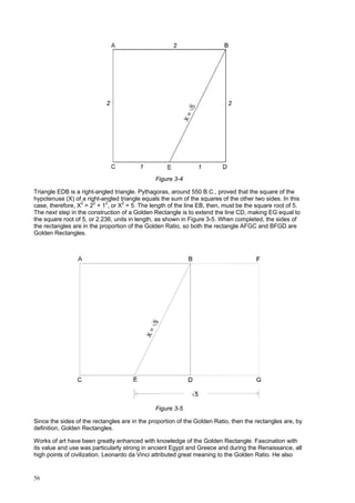 56
Figure 3-4
Triangle EDB is a right-angled triangle. Pythagoras, around 550 B.C., proved that the square of the
hypotenuse (X) of a right-angled triangle equals the sum of the squares of the other two sides. In this
case, therefore, X2
= 22
+ 12
, or X2
= 5. The length of the line EB, then, must be the square root of 5.
The next step in the construction of a Golden Rectangle is to extend the line CD, making EG equal to
the square root of 5, or 2.236, units in length, as shown in Figure 3-5. When completed, the sides of
the rectangles are in the proportion of the Golden Ratio, so both the rectangle AFGC and BFGD are
Golden Rectangles.
Figure 3-5
Since the sides of the rectangles are in the proportion of the Golden Ratio, then the rectangles are, by
definition, Golden Rectangles.
Works of art have been greatly enhanced with knowledge of the Golden Rectangle. Fascination with
its value and use was particularly strong in ancient Egypt and Greece and during the Renaissance, all
high points of civilization. Leonardo da Vinci attributed great meaning to the Golden Ratio. He also
 