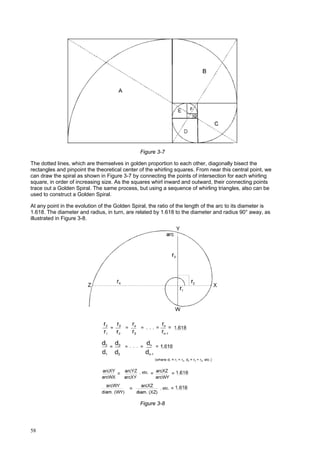 58
Figure 3-7
The dotted lines, which are themselves in golden proportion to each other, diagonally bisect the
rectangles and pinpoint the theoretical center of the whirling squares. From near this central point, we
can draw the spiral as shown in Figure 3-7 by connecting the points of intersection for each whirling
square, in order of increasing size. As the squares whirl inward and outward, their connecting points
trace out a Golden Spiral. The same process, but using a sequence of whirling triangles, also can be
used to construct a Golden Spiral.
At any point in the evolution of the Golden Spiral, the ratio of the length of the arc to its diameter is
1.618. The diameter and radius, in turn, are related by 1.618 to the diameter and radius 90° away, as
illustrated in Figure 3-8.
Figure 3-8
 