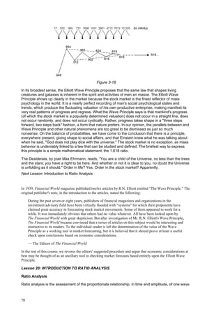 70
Figure 3-18
In its broadest sense, the Elliott Wave Principle proposes that the same law that shapes living
creatures and galaxies is inherent in the spirit and activities of men en masse. The Elliott Wave
Principle shows up clearly in the market because the stock market is the finest reflector of mass
psychology in the world. It is a nearly perfect recording of man's social psychological states and
trends, which produce the fluctuating valuation of his own productive enterprise, making manifest its
very real patterns of progress and regress. What the Wave Principle says is that mankind's progress
(of which the stock market is a popularly determined valuation) does not occur in a straight line, does
not occur randomly, and does not occur cyclically. Rather, progress takes shape in a "three steps
forward, two steps back" fashion, a form that nature prefers. In our opinion, the parallels between and
Wave Principle and other natural phenomena are too great to be dismissed as just so much
nonsense. On the balance of probabilities, we have come to the conclusion that there is a principle,
everywhere present, giving shape to social affairs, and that Einstein knew what he was talking about
when he said, "God does not play dice with the universe." The stock market is no exception, as mass
behavior is undeniably linked to a law that can be studied and defined. The briefest way to express
this principle is a simple mathematical statement: the 1.618 ratio.
The Desiderata, by poet Max Ehrmann, reads, "You are a child of the Universe, no less than the trees
and the stars; you have a right to be here. And whether or not it is clear to you, no doubt the Universe
is unfolding as it should." Order in life? Yes. Order in the stock market? Apparently.
Next Lesson: Introduction to Ratio Analysis
In 1939, Financial World magazine published twelve articles by R.N. Elliott entitled "The Wave Principle." The
original publisher's note, in the introduction to the articles, stated the following:
During the past seven or eight years, publishers of financial magazines and organizations in the
investment advisory field have been virtually flooded with "systems" for which their proponents have
claimed great accuracy in forecasting stock market movements. Some of them appeared to work for a
while. It was immediately obvious that others had no value whatever. All have been looked upon by
The Financial World with great skepticism. But after investigation of Mr. R.N. Elliott's Wave Principle,
The Financial World became convinced that a series of articles on this subject would be interesting and
instructive to its readers. To the individual reader is left the determination of the value of the Wave
Principle as a working tool in market forecasting, but it is believed that it should prove at least a useful
check upon conclusions based on economic considerations.
— The Editors of The Financial World
In the rest of this course, we reverse the editors' suggested procedure and argue that economic considerations at
best may be thought of as an ancillary tool in checking market forecasts based entirely upon the Elliott Wave
Principle.
Lesson 20: INTRODUCTION TO RATIO ANALYSIS
Ratio Analysis
Ratio analysis is the assessment of the proportionate relationship, in time and amplitude, of one wave
 
