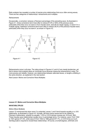 72
Ratio analysis has revealed a number of precise price relationships that occur often among waves.
There are two categories of relationships: retracements and multiples.
Retracements
Occasionally, a correction retraces a Fibonacci percentage of the preceding wave. As illustrated in
Figure 4-1, sharp corrections tend more often to retrace 61.8% or 50% of the previous wave,
particularly when they occur as wave 2 of an impulse wave, wave B of a larger zigzag, or wave X in a
multiple zigzag. Sideways corrections tend more often to retrace 38.2% of the previous impulse wave,
particularly when they occur as wave 4, as shown in Figure 4-2.
Figure 4-1 Figure 4-2
Retracements come in all sizes. The ratios shown in Figures 4-1 and 4-2 are merely tendencies, yet
that is where most analysts place an inordinate focus because measuring retracements is easy. Far
more precise and reliable, however, are relationships between alternate waves, or lengths unfolding in
the same direction, as explained in the next section.
Next Lesson: Motive and Corrective Wave Multiples
Lesson 21: Motive and Corrective Wave Multiples
WAVE MULTIPLES
Motive Wave Multiples
Lesson 12 mentioned that when wave 3 is extended, waves 1 and 5 tend towards equality or a .618
relationship, as illustrated in Figure 4-3. Actually, all three motive waves tend to be related by
Fibonacci mathematics, whether by equality, 1.618 or 2.618 (whose inverses are .618 and .382).
These impulse wave relationships usually occur in percentage terms. For instance, wave I from 1932
to 1937 gained 371.6%, while wave III from 1942 to 1966 gained 971.7%, or 2.618 times as much.
Semilog scale is required to reveal these relationships. Of course, at small degrees, arithmetic and
 
