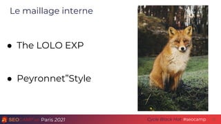 Paris 2021 #seocamp
Cycle Black Hat
Le maillage interne
21
● The LOLO EXP
● Peyronnet”Style
 