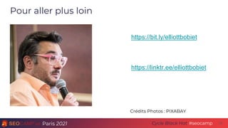 Paris 2021 #seocamp
Cycle Black Hat 34
https://bit.ly/elliottbobiet
https://linktr.ee/elliottbobiet
Pour aller plus loin
Crédits Photos : PIXABAY
 