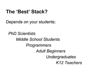 The ‘Best’ Stack? 
Depends on your students: 
PhD Scientists 
Middle School Students 
Programmers 
Adult Beginners 
Undergraduates 
K12 Teachers 
 