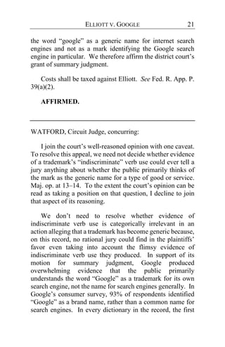 ELLIOTT V. GOOGLE 21
the word “google” as a generic name for internet search
engines and not as a mark identifying the Google search
engine in particular. We therefore affirm the district court’s
grant of summary judgment.
Costs shall be taxed against Elliott. See Fed. R. App. P.
39(a)(2).
AFFIRMED.
WATFORD, Circuit Judge, concurring:
I join the court’s well-reasoned opinion with one caveat.
To resolve this appeal, we need not decide whether evidence
of a trademark’s “indiscriminate” verb use could ever tell a
jury anything about whether the public primarily thinks of
the mark as the generic name for a type of good or service.
Maj. op. at 13–14. To the extent the court’s opinion can be
read as taking a position on that question, I decline to join
that aspect of its reasoning.
We don’t need to resolve whether evidence of
indiscriminate verb use is categorically irrelevant in an
action alleging that a trademark has become generic because,
on this record, no rational jury could find in the plaintiffs’
favor even taking into account the flimsy evidence of
indiscriminate verb use they produced. In support of its
motion for summary judgment, Google produced
overwhelming evidence that the public primarily
understands the word “Google” as a trademark for its own
search engine, not the name for search engines generally. In
Google’s consumer survey, 93% of respondents identified
“Google” as a brand name, rather than a common name for
search engines. In every dictionary in the record, the first
 