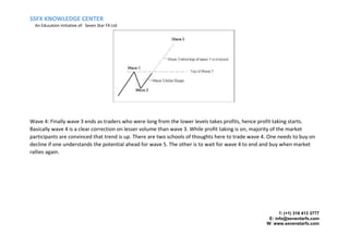 SSFX KNOWLEDGE CENTER
An Education Initiative of: Seven Star FX Ltd
T: (+1) 316 413 3777
E: info@seventarfx.com
W: www.sevenstarfx.com
Wave 4: Finally wave 3 ends as traders who were long from the lower levels takes profits, hence profit taking starts.
Basically wave 4 is a clear correction on lesser volume than wave 3. While profit taking is on, majority of the market
participants are convinced that trend is up. There are two schools of thoughts here to trade wave 4. One needs to buy on
decline if one understands the potential ahead for wave 5. The other is to wait for wave 4 to end and buy when market
rallies again.
 