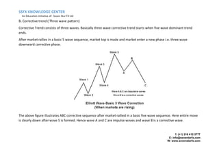 SSFX KNOWLEDGE CENTER
An Education Initiative of: Seven Star FX Ltd
T: (+1) 316 413 3777
E: info@seventarfx.com
W: www.sevenstarfx.com
B. Corrective trend ( Three wave pattern)
Corrective Trend consists of three waves. Basically three wave corrective trend starts when five wave dominant trend
ends.
After market rallies in a basic 5 wave sequence, market top is made and market enter a new phase i.e. three wave
downward corrective phase.
The above figure illustrates ABC corrective sequence after market rallied in a basic five wave sequence. Here entire move
is clearly down after wave 5 is formed. Hence wave A and C are impulse waves and wave B is a corrective wave.
 