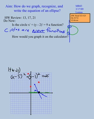 Aim: How do we graph, recognize, and write the equation of an ellipse? MB43 3/17/09 Lomas Do Now: Is the circle x 2  + (y - 2) 2  = 9 a function? How would you graph it on the calculator? HW Review: 13, 17, 21 HW: Read 523-525 Do 527-8  #2-8even 