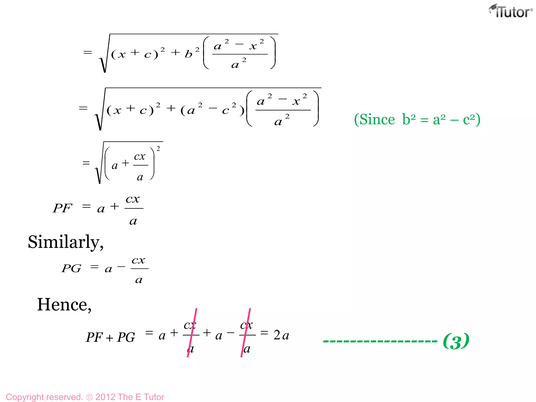 2
22
22
)(
a
xa
bcx
2
22
222
)()(
a
xa
cacx
(Since b2 = a2 – c2)
2
a
cx
a
a
cx
aPF
Similarly,
a
cx
aPG
Hence,
PF + PG a
a
cx
a
a
cx
a 2 ----------------- (3)
Copyright reserved. 2012 The E Tutor
 