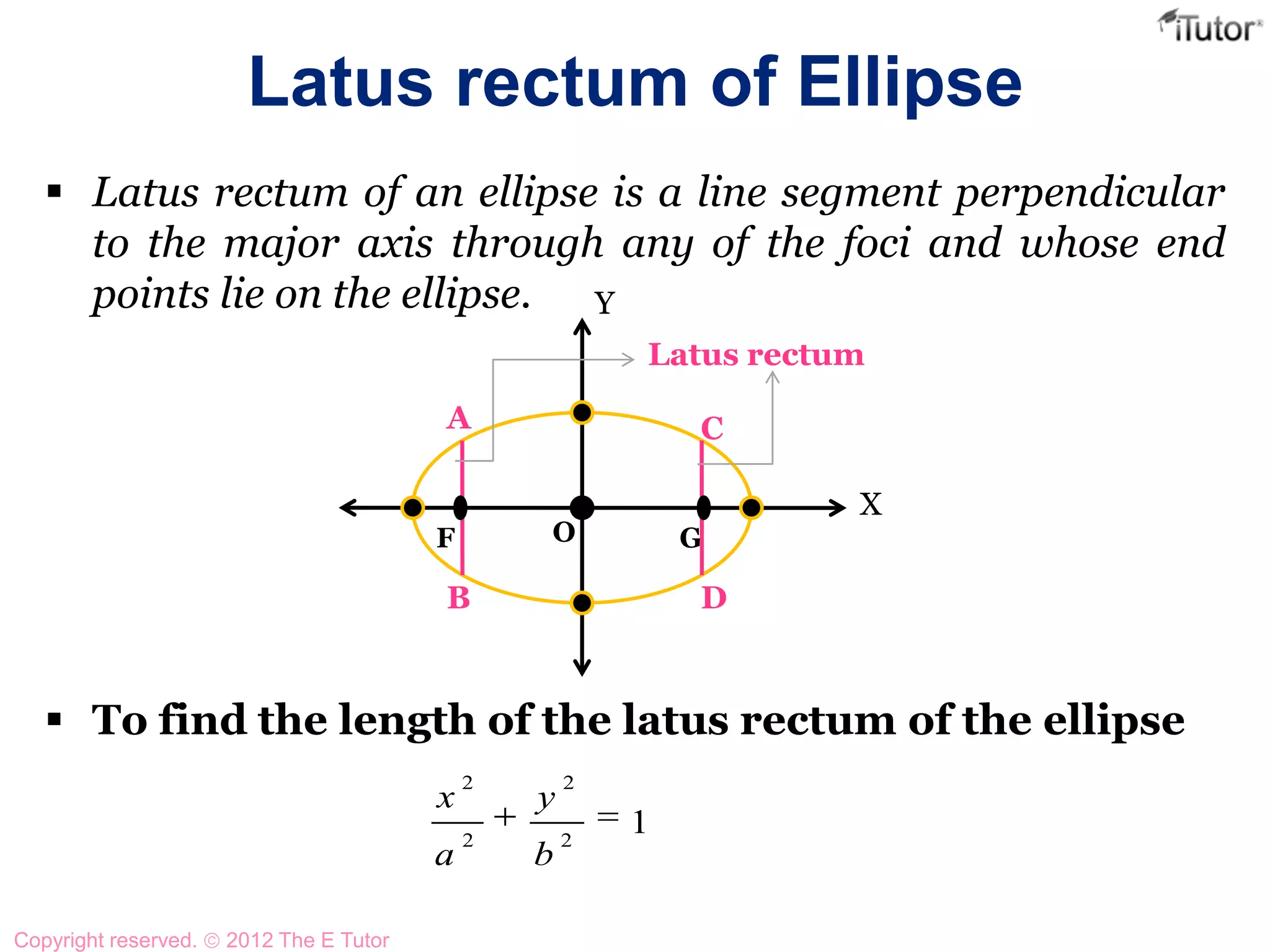 Latus rectum of Ellipse
 Latus rectum of an ellipse is a line segment perpendicular
to the major axis through any of the foci and whose end
points lie on the ellipse.
 To find the length of the latus rectum of the ellipse
A
B
F GO
X
Y
Latus rectum
D
C
12
2
2
2
b
y
a
x
Copyright reserved. 2012 The E Tutor
 