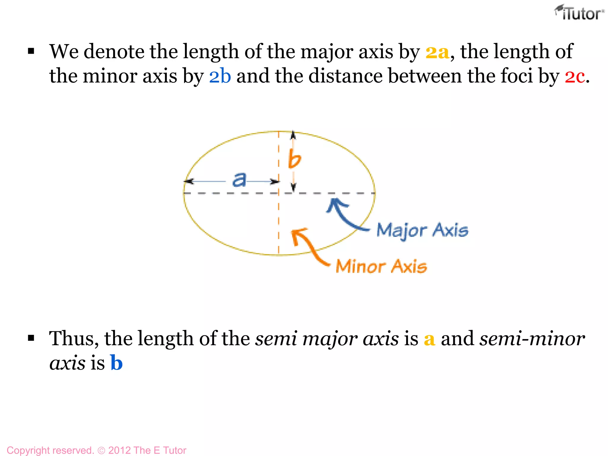  We denote the length of the major axis by 2a, the length of
the minor axis by 2b and the distance between the foci by 2c.
 Thus, the length of the semi major axis is a and semi-minor
axis is b
Copyright reserved. 2012 The E Tutor
 