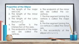 Properties of the Ellipse
11
1. The length of the major
axis is 2a.
2. The length of the minor
axis is 2b.
3. The length of the Latus
Rectum is
𝑏2
𝑎
.
4. The center is the
intersection of the axes.
5. The endpoints of the major
axis are called the
vertices.
6. The endpoints of the minor
axis are called the co-
vertices.
7. The line segment joining the
vertices is called the major
axis.
8. The line segment joining the
co-vertices is called the minor
axis.
9. The eccentricity of the
ellipse is 0 < 𝑒 < 1.
 