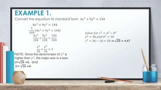 EXAMPLE 1.
18
Convert the equation to standard form 4𝑥2
+ 9𝑦2
= 144
4𝑥2
+ 9𝑦2
= 144
1
144
4𝑥2
+ 9𝑦2
= 144
4𝑥2
144
+
9𝑦2
144
=
144
144
𝑥2
36
+
𝑦2
16
= 1
NOTE: Since the denominator of 𝑥2
is
higher than 𝑦2
, the major axis is x-axis.
a= 36 ≈6, and
b= 16 ≈4
𝑆𝑜𝑙𝑣𝑒 𝑓𝑜𝑟 𝑐2
= 𝑎2
− 𝑏2
𝑎2
= 36, 𝑎𝑛𝑑 𝑏2
= 16
𝑐2
= 36 − 16 = 20 ⇒ 20 ≈ 4.47
 