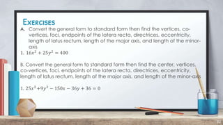 Exercises
32
A. Convert the general form to standard form then find the vertices, co-
vertices, foci, endpoints of the latera recta, directrices, eccentricity,
length of latus rectum, length of the major axis, and length of the minor-
axis
1. 16𝑥2
+ 25𝑦2
= 400
B. Convert the general form to standard form then find the center, vertices,
co-vertices, foci, endpoints of the latera recta, directrices, eccentricity,
length of latus rectum, length of the major axis, and length of the minor-axis
1. 25𝑥2
+9𝑦2
− 150𝑥 − 36𝑦 + 36 = 0
 