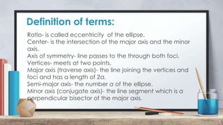 Definition of terms:
5
Ratio- is called eccentricity of the ellipse.
Center- is the intersection of the major axis and the minor
axis.
Axis of symmetry- line passes to the through both foci.
Vertices- meets at two points.
Major axis (traverse axis)- the line joining the vertices and
foci and has a length of 2a.
Semi-major axis- the number a of the ellipse.
Minor axis (conjugate axis)- the line segment which is a
perpendicular bisector of the major axis.
 
