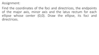 Assignment:
Find the coordinates of the foci and directrices, the endpoints
of the major axis, minor axis and the latus rectum for each
ellipse whose center (0,0). Draw the ellipse, its foci and
directrices.
 