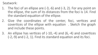 Seatwork:
1. The foci of an ellipse are (-3,-6) and (-3, 2). For any point on
the ellipse, the sum of its distances from the foci is 14. Find
the standard equation of the ellipse.
2. Give the coordinates of the center, foci, vertices and
covertices of the ellipse with equation . Sketch the graph
and include these points.
3. An ellipse has vertices of (-10,-4) and (6,-4) and covertices
(-2,-9) and (-2, 1). Find its standard equation and its foci.
 