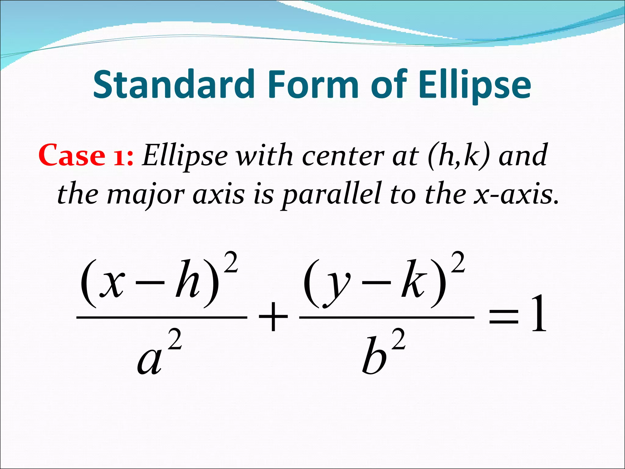 Standard Form of Ellipse Case 1: Ellipse with center at (h,k) and the major axis is parallel to the x-axis.