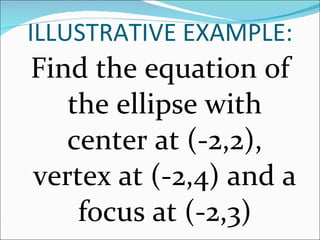 ILLUSTRATIVE EXAMPLE: Find the equation of the ellipse with center at (-2,2), vertex at (-2,4) and a focus at (-2,3) 