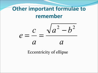Other important formulae to remember Eccentricity of ellipse 