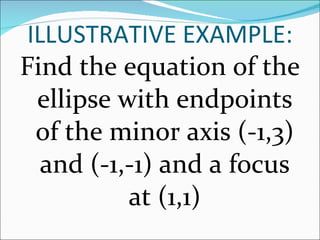 Find the equation of the ellipse with endpoints of the minor axis (-1,3) and (-1,-1) and a focus at (1,1) ILLUSTRATIVE EXAMPLE: 