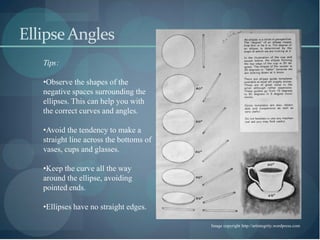 Ellipse Angles
   Tips:

   •Observe the shapes of the
   negative spaces surrounding the
   ellipses. This can help you with
   the correct curves and angles.

   •Avoid the tendency to make a
   straight line across the bottoms of
   vases, cups and glasses.

   •Keep the curve all the way
   around the ellipse, avoiding
   pointed ends.

   •Ellipses have no straight edges.

                                         Image copyright http://artintegrity.wordpress.com
 