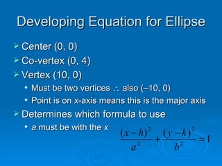 Developing Equation for Ellipse Center (0, 0) Co-vertex (0, 4) Vertex (10, 0) Must be two vertices    also (–10, 0) Point is on  x -axis means this is the major axis Determines which formula to use a  must be with the  x 