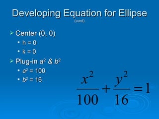 Developing Equation for Ellipse (cont) Center (0, 0)  h = 0 k = 0 Plug-in  a 2  & b 2   a 2  = 100 b 2  = 16 