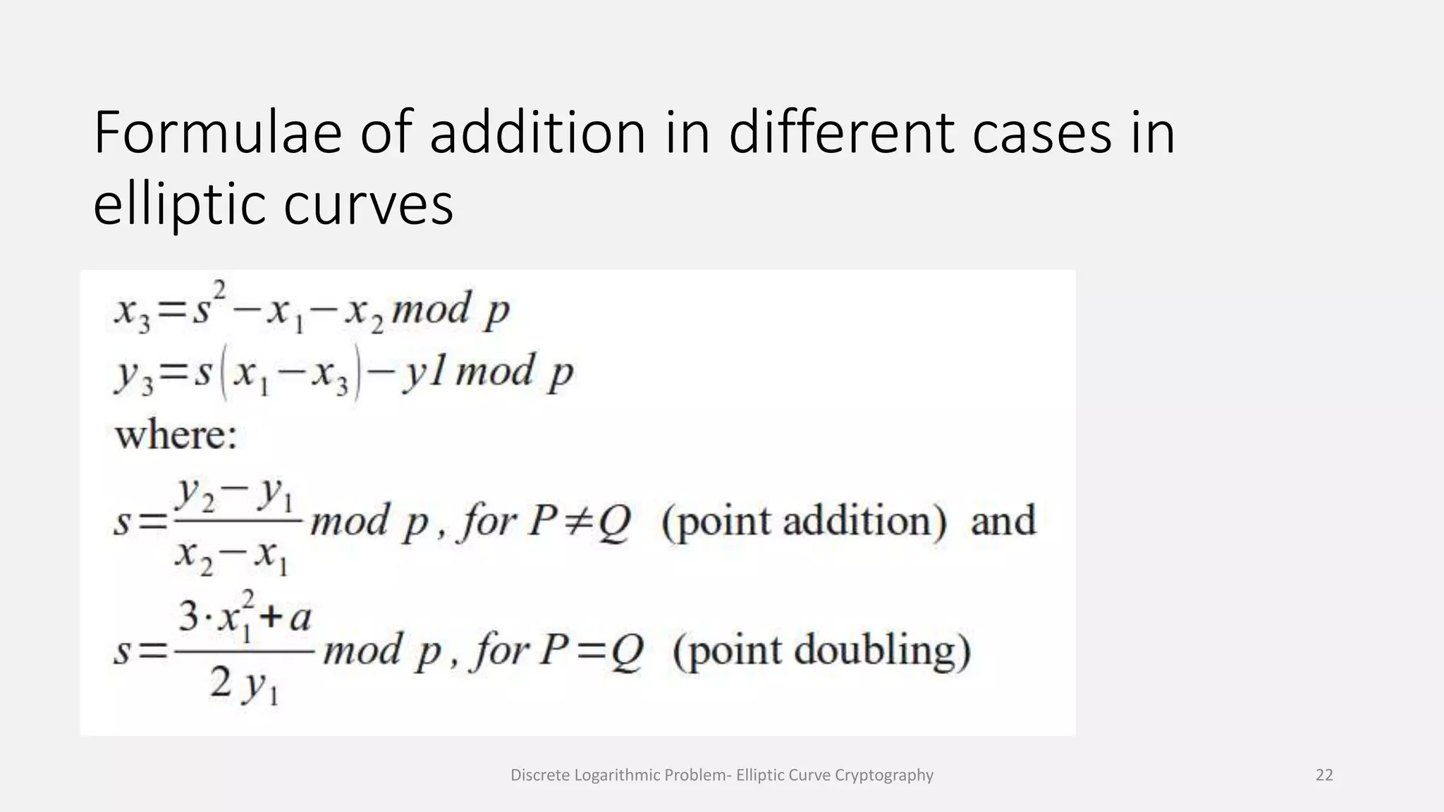Formulae of addition in different cases in
elliptic curves
Discrete Logarithmic Problem- Elliptic Curve Cryptography 22
 