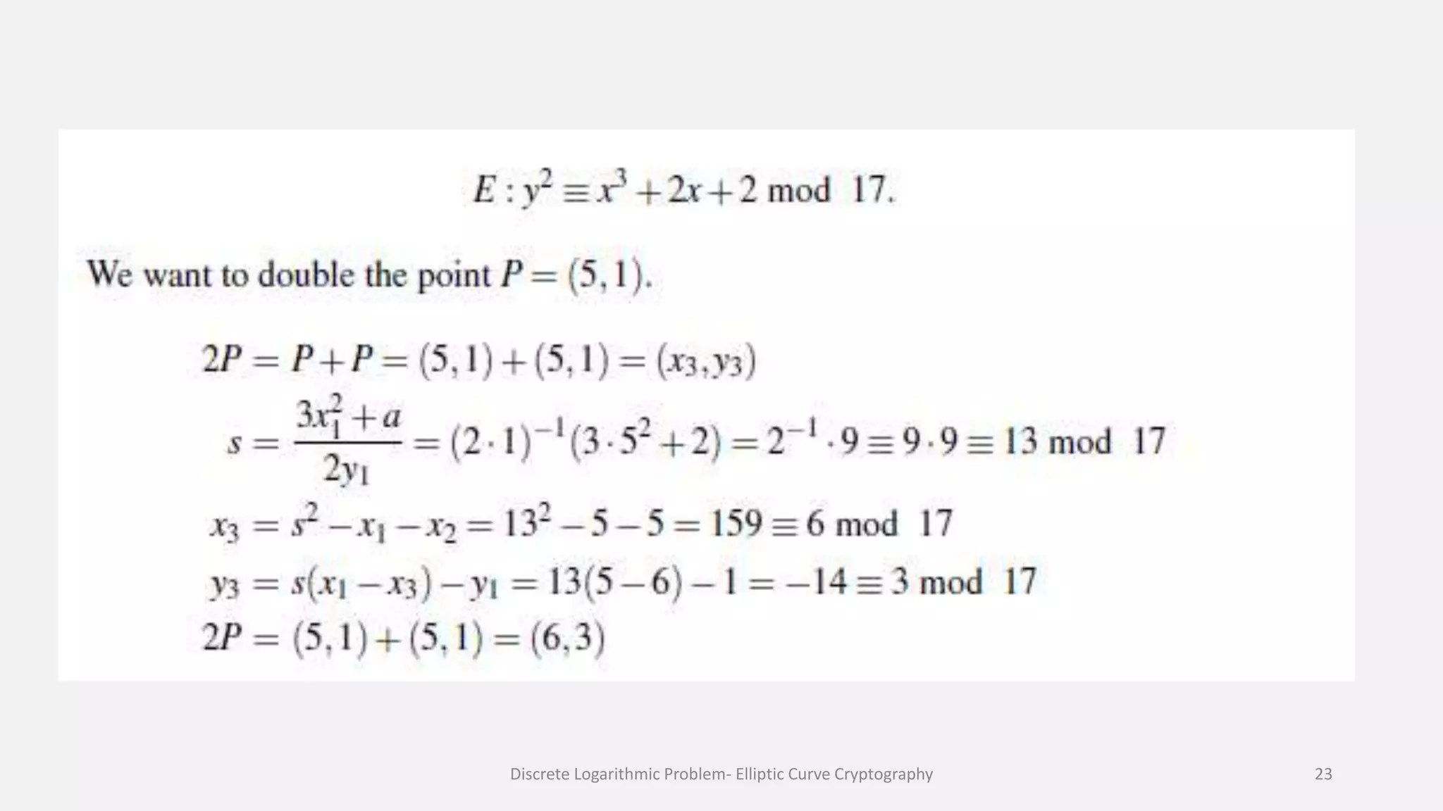 Discrete Logarithmic Problem- Elliptic Curve Cryptography 23
 