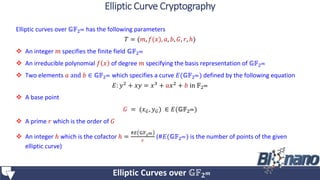 Elliptic curves over 𝔾𝔽2 𝑚 has the following parameters
𝑇 = (𝑚, 𝑓(𝑥), 𝑎, 𝑏, 𝐺, 𝑟, ℎ)
 An integer 𝑚 specifies the finite field 𝔾𝔽2 𝑚
 An irreducible polynomial 𝑓 𝑥 of degree 𝑚 specifying the basis representation of 𝔾𝔽2 𝑚
 Two elements 𝑎 and 𝑏 ∈ 𝔾𝔽2 𝑚 which specifies a curve 𝐸(𝔾𝔽2 𝑚) defined by the following equation
𝐸: 𝑦2 + 𝑥𝑦 = 𝑥3 + 𝑎𝑥2 + 𝑏 in 𝔽2 𝑚
 A base point
𝐺 = (𝑥 𝐺, 𝑦 𝐺) ∈ 𝐸(𝔾𝔽2 𝑚)
 A prime 𝑟 which is the order of 𝐺
 An integer ℎ which is the cofactor ℎ =
#𝐸 𝔾𝔽2 𝑚
𝑟
(#𝐸(𝔾𝔽2 𝑚) is the number of points of the given
elliptic curve)
Elliptic Curves over 𝔾𝔽 𝟐 𝒎
Elliptic Curve Cryptography
 