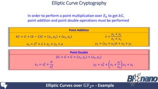 In order to perform a point multiplication over 𝐸 𝑏 to get 𝑘𝐺,
point addition and point double operations must be performed
Point Double
2𝐺 = 𝐺 + 𝐺 = 𝑥1, 𝑦1 + 𝑥1, 𝑦1
𝑥2 = 𝑥1
2
+
𝑏
𝑥1
2 𝑦2 = 𝑥1
2
+ 𝑥1 +
𝑦1
𝑥1
𝑥2 + 𝑥2
Point Addition
𝑘𝐺 = 𝐺 + 𝑘 − 1 𝐺 = 𝑥1, 𝑦1 + 𝑥2, 𝑦2 𝜆 =
𝑦2 + 𝑦1
𝑥2 + 𝑥1
𝑥3 = 𝜆2 + 𝜆 + 𝑥1 + 𝑥2 + 𝑎 𝑦3 = 𝑥3 + 𝑥1 𝜆 + 𝑥3 + 𝑦1
Elliptic Curves over 𝔾𝔽 𝟐 𝒎 - Example
Elliptic Curve Cryptography
 