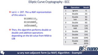  Let 𝑘 = 207. The ω-NAF representation
of this value is
0110011112
0110100012
1010100012
 Then, the algorithm performs double or
double and addition operations
depending on the bit value from MSB to
LSB
Bit Operation Result
1 Ignore G
0 Double 2G
1
Double
Sub
4G
3G
0 Double 6G
1
Double
Add
12G
13G
0 Double 26G
0 Double 52G
0 Double 104G
1
Double
Sub
208G
207G
ω-ary non-adjacent form (ω-NAF) Algorithm - Example
Elliptic Curve Cryptography - ECC
 